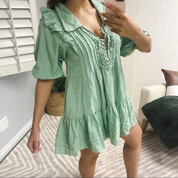 Free People Elora Mini Dress Mermaids Tail Puff Sleeve Lace Boho Peasant Size XS - Picture 3 of 16